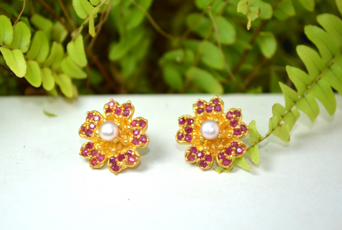Cercei argint aurit, rubine si perle naturale [4]