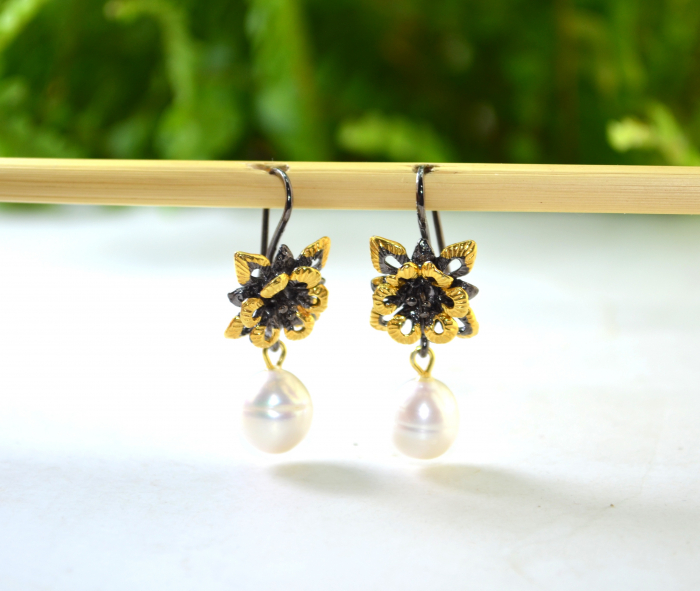 Cercei argint, design floral, perle naturale [4]