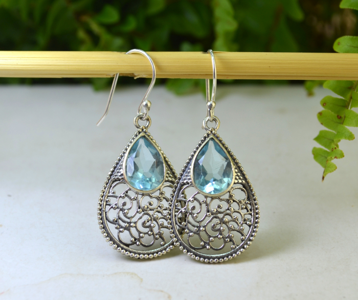 Cercei argint etnici, filigran,  Blue Topaz Crystal CZ [4]