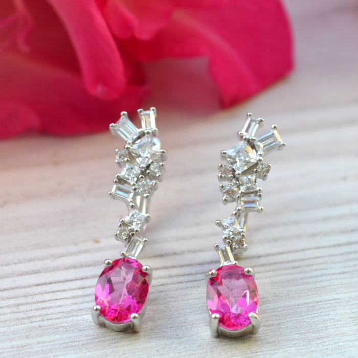 Cercei argint, Fucsia Topaz si Baguettte Crystal CZ [5]