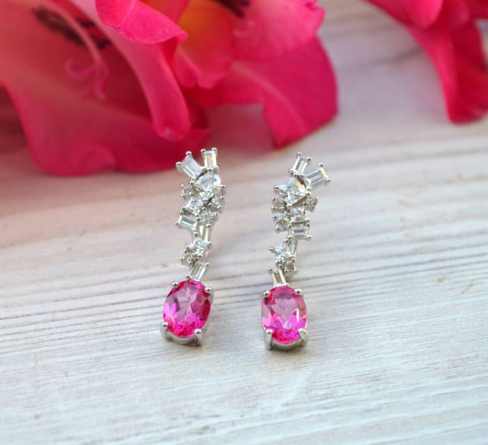 Cercei argint, Fucsia Topaz si Baguettte Crystal CZ [4]