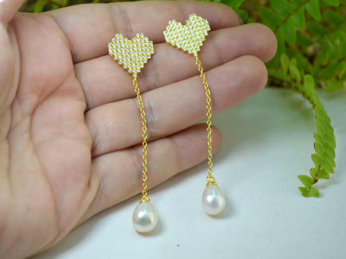 Cercei argint lungi model heart cristale Cubic Zirconia perle naturale lucrati manual [3]