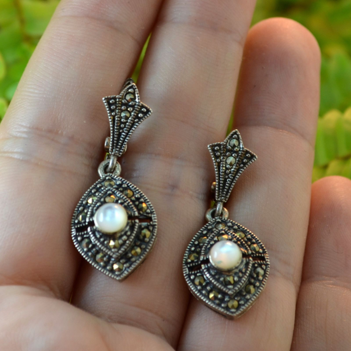 Cercei argint moderni model Drop decorati marcasite sidef [2]