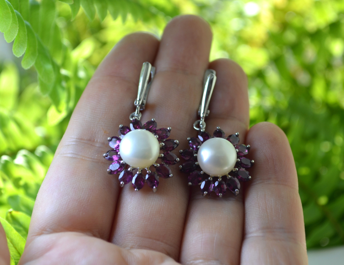 Cercei argint moderni, granate Rodolite si perle naturale [2]