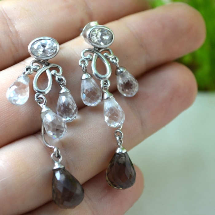 Cercei argint vintage cristale CZ cubic zirconia Cuart fumuriu model Candelabru chandelier [2]