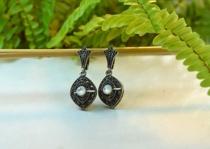 Cercei argint moderni model Drop decorati marcasite sidef [2]