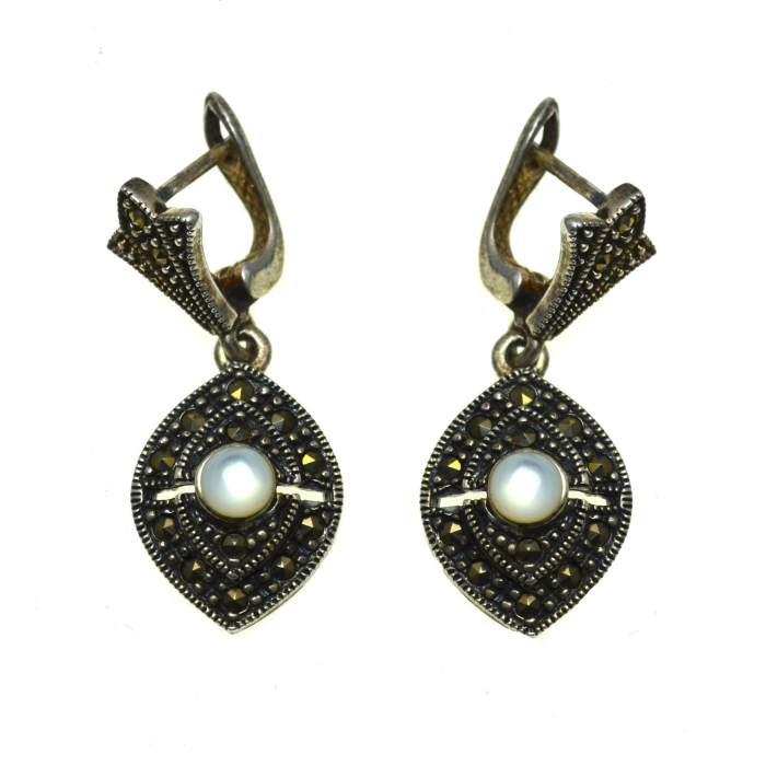 Cercei argint moderni model Drop decorati marcasite sidef [1]