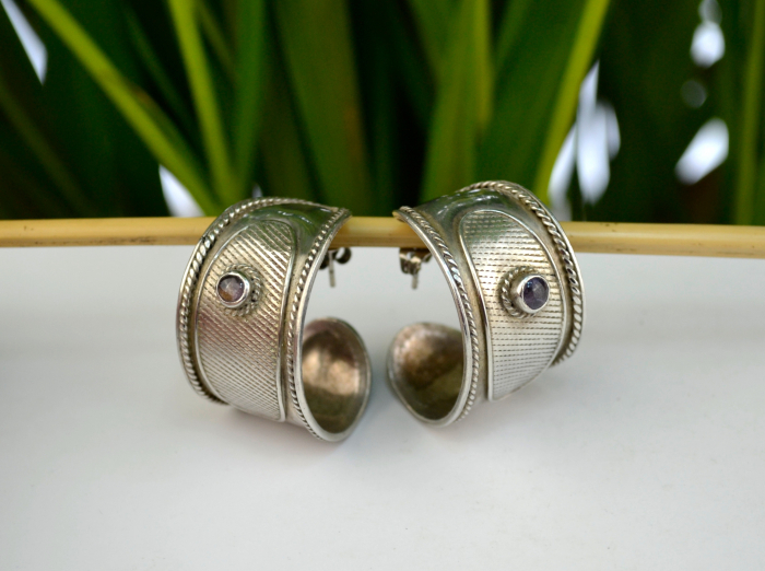 Cercei argint statement model Creole hoop ametiste design modernist [4]