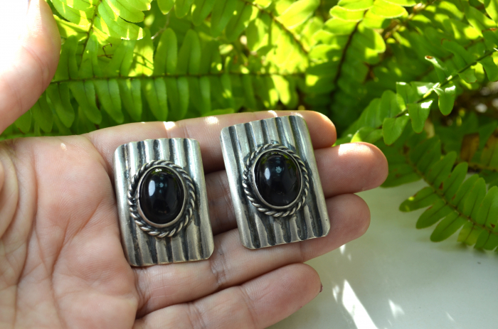 Cercei argint statement vintage, onix negru, atelier mexican [3]