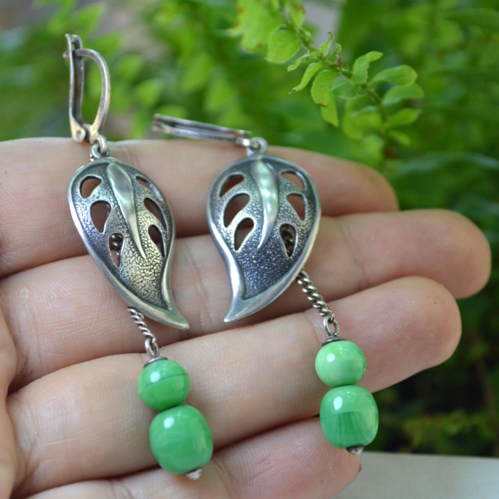 Cercei argint vintage, model Frunze, agate verzi A Vintage Collection [2]