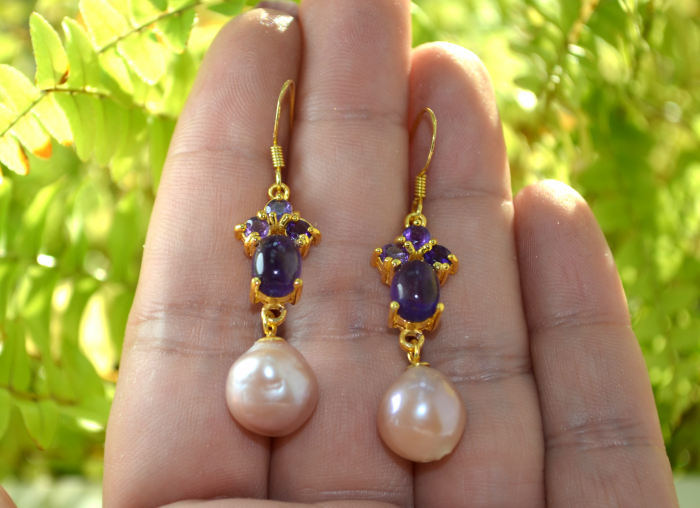 Cercei argint aurit, ametiste si perle roz naturale [2]