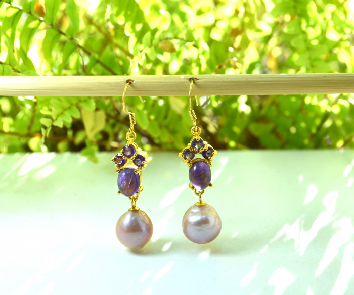 Cercei argint aurit, ametiste si perle roz naturale [4]