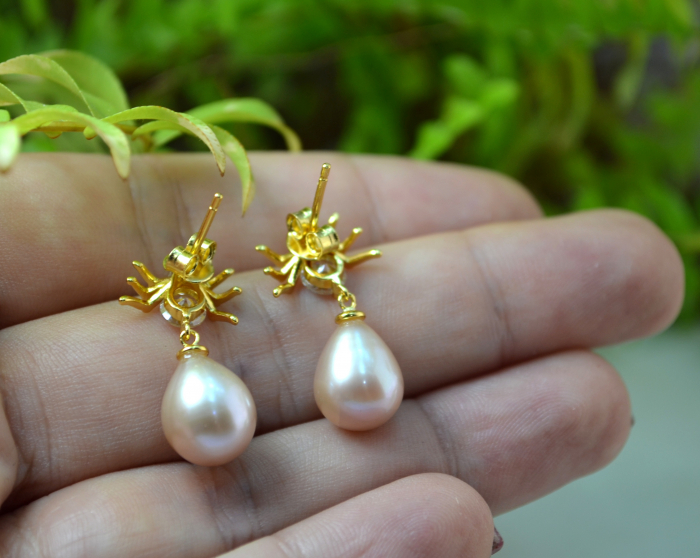 Cercei din argint aurit Spider, perle roz naturale [3]