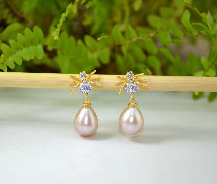Cercei din argint aurit Spider, perle roz naturale [4]