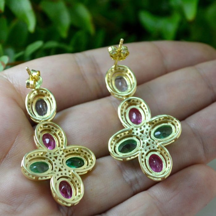 Cercei din argint aurit topaze naturale Green Pink Blue [3]