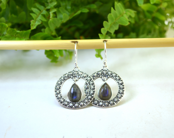 Cercei din argint etnici, model solar, Labradorit [4]