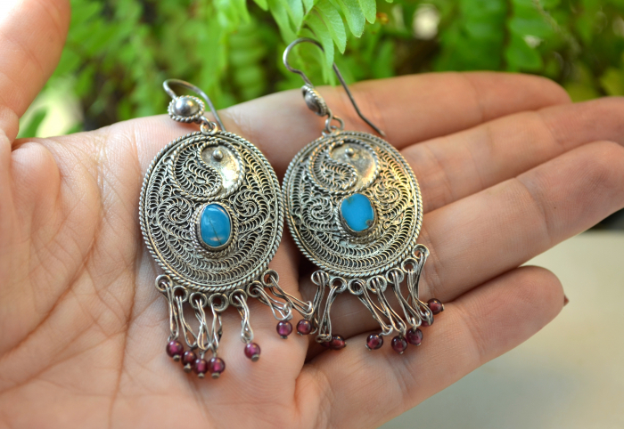 Cercei argint vintage etnici decorati turcoaze granate artizani locali asiatici [2]