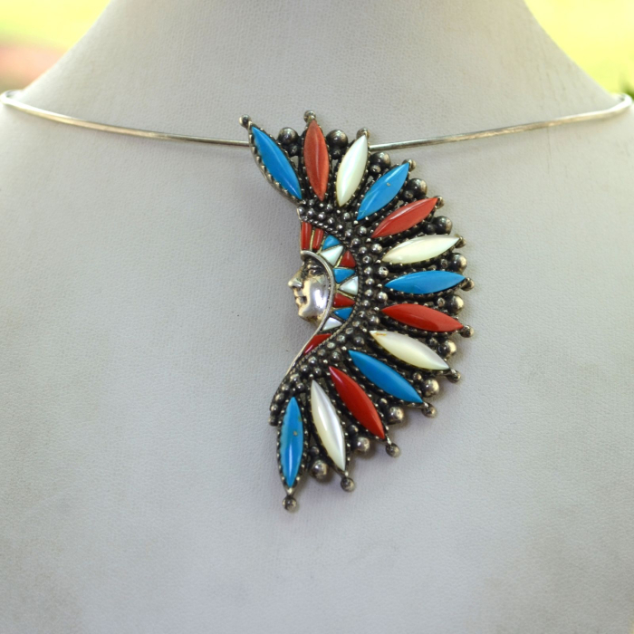 Colier argint cu pandant vintage, Sef de trib indian [4]