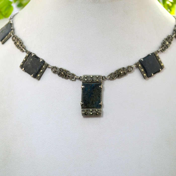 Colier argint vechi interbelic marcasite Green Chrysocolla art nouveau art deco [4]