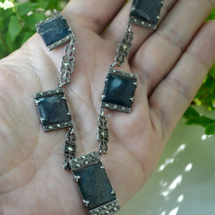 Colier argint vechi interbelic marcasite Green Chrysocolla art nouveau art deco [2]