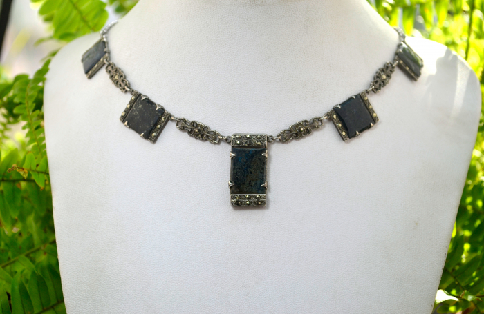 Colier argint vechi interbelic marcasite Green Chrysocolla art nouveau art deco [4]