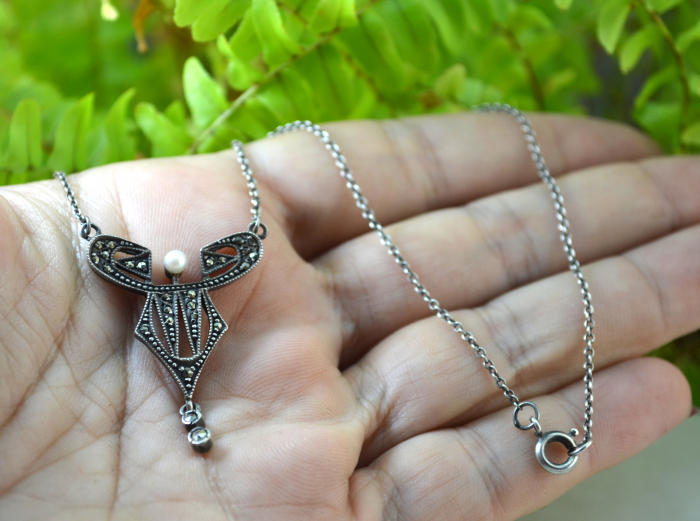 Colier argint vechi, marcasite si perla, Art Deco [2]