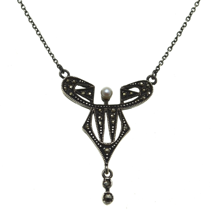 Colier argint vechi, marcasite si perla, Art Deco [1]