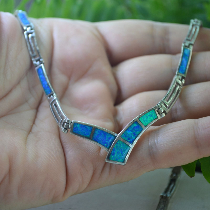 Colier argint vintage, intarsii opal, Greek Meandros A Vintage Collection [2]