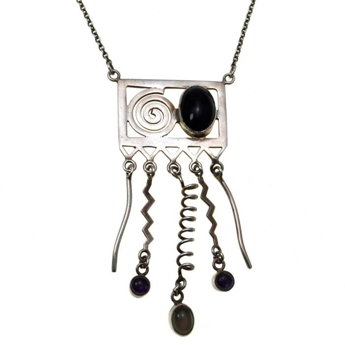 Colier argint vintage decorat cu onix ametiste piatra lunii design modernist space age [1]