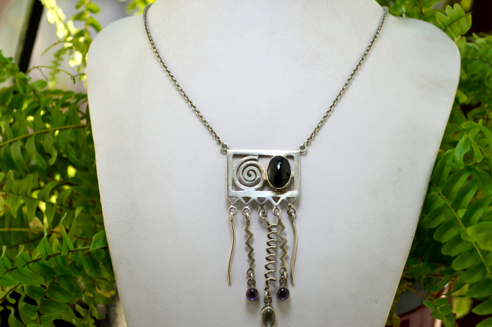 Colier argint vintage decorat cu onix ametiste piatra lunii design modernist space age [4]