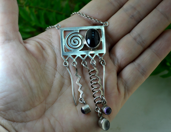 Colier argint vintage decorat cu onix ametiste piatra lunii design modernist space age [2]