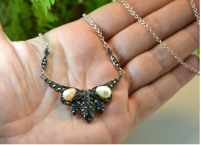 Colier argint vintage, perle naturala si marcasite [4]