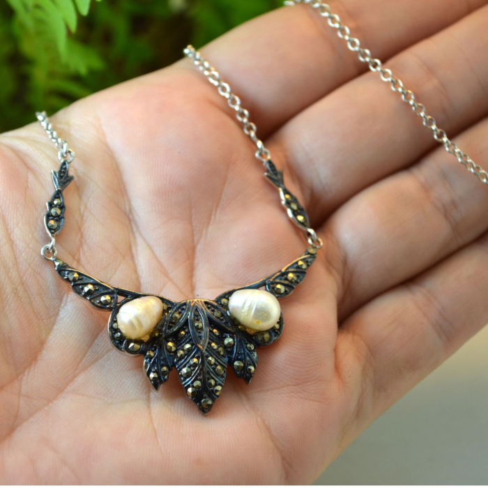 Colier argint vintage, perle naturala si marcasite [2]