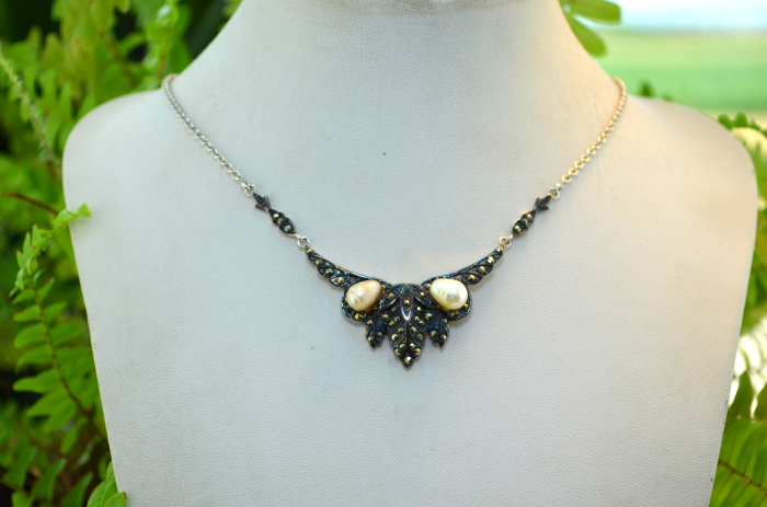 Colier argint vintage, perle naturala si marcasite [2]