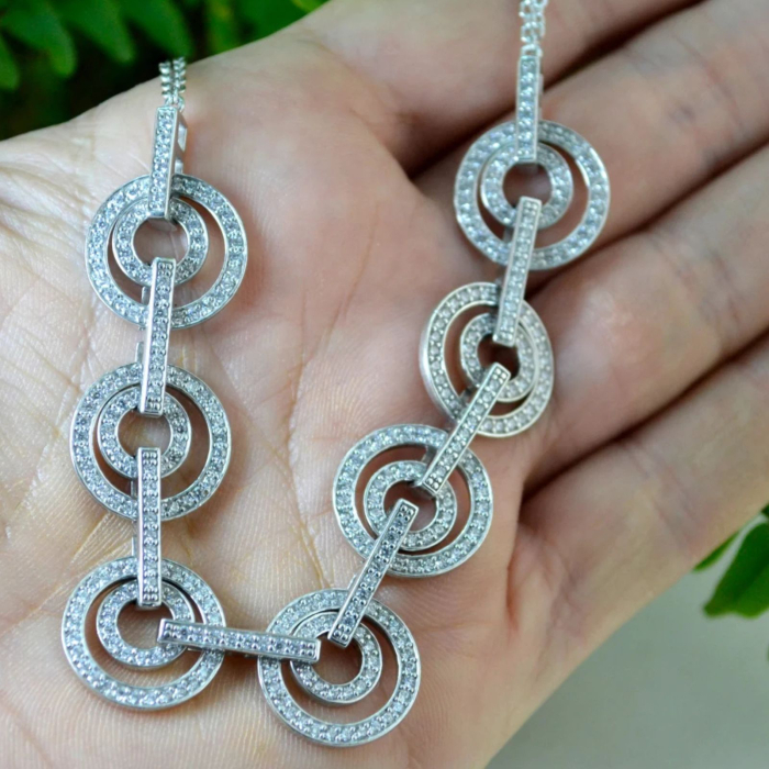 Colier argint vintage rodiat model geometric decorat cristale CZ cubic zirconia [2]