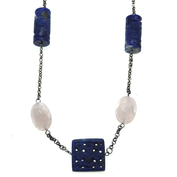 Colier din sodalit si cuart roz sculptat, atelier australian [1]