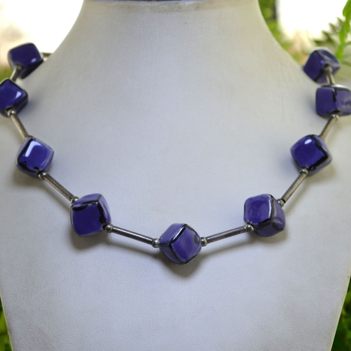 Colier vintage, elemente argint si bile Purple ceramica glazurata [5]