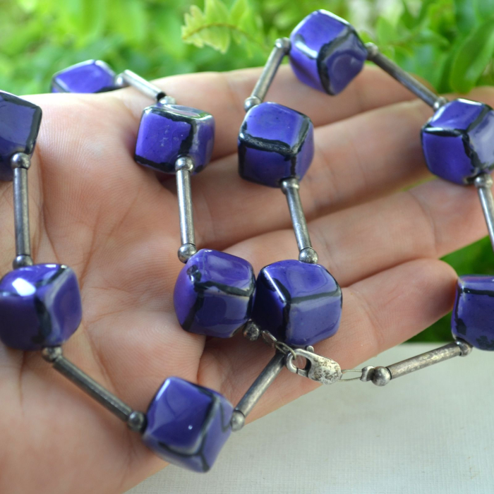 Colier vintage, elemente argint si bile Purple ceramica glazurata [4]