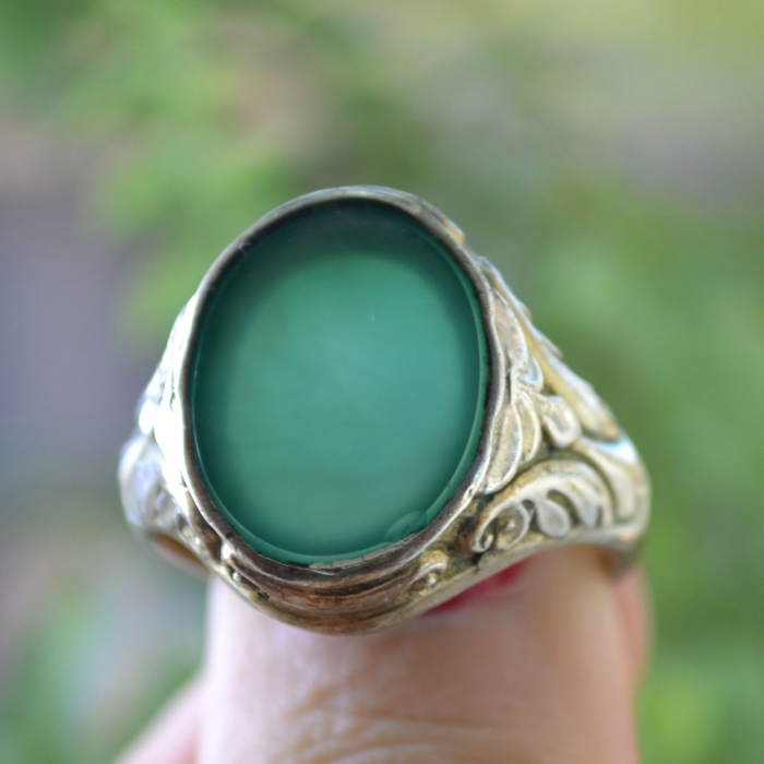 Inel argint antic Chevalier cu Green Agate, Art Nouveau A Vintage Collection [4]