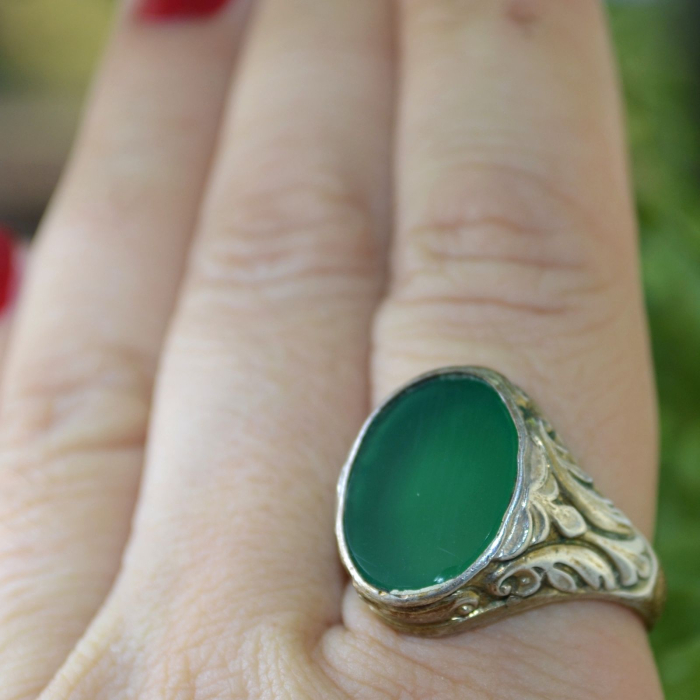 Inel argint antic Chevalier cu Green Agate, Art Nouveau A Vintage Collection [3]