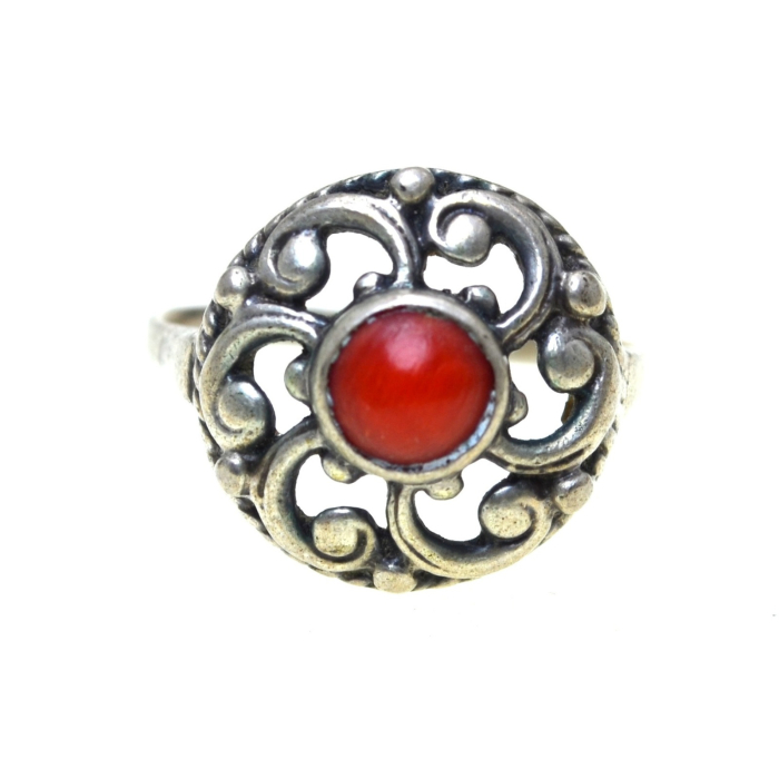 Inel argint antic, coral, Jugendstil [1]