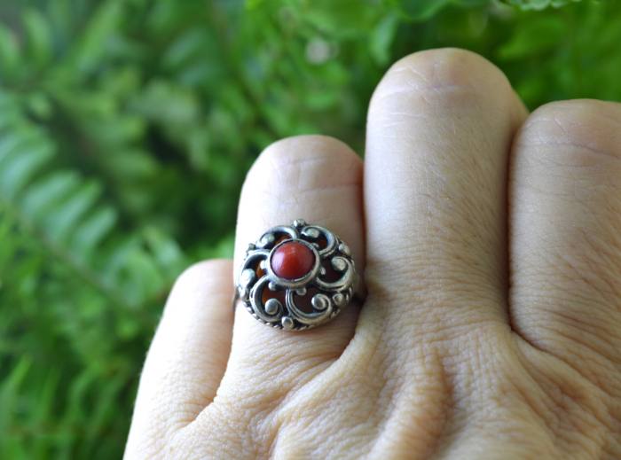 Inel argint antic, coral, Jugendstil [2]