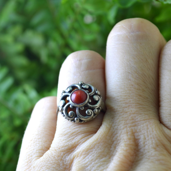Inel argint antic, coral, Jugendstil [3]