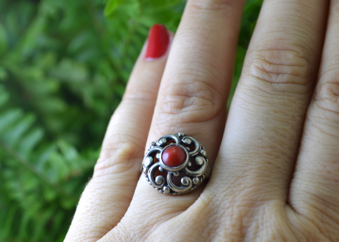 Inel argint antic, coral, Jugendstil [3]