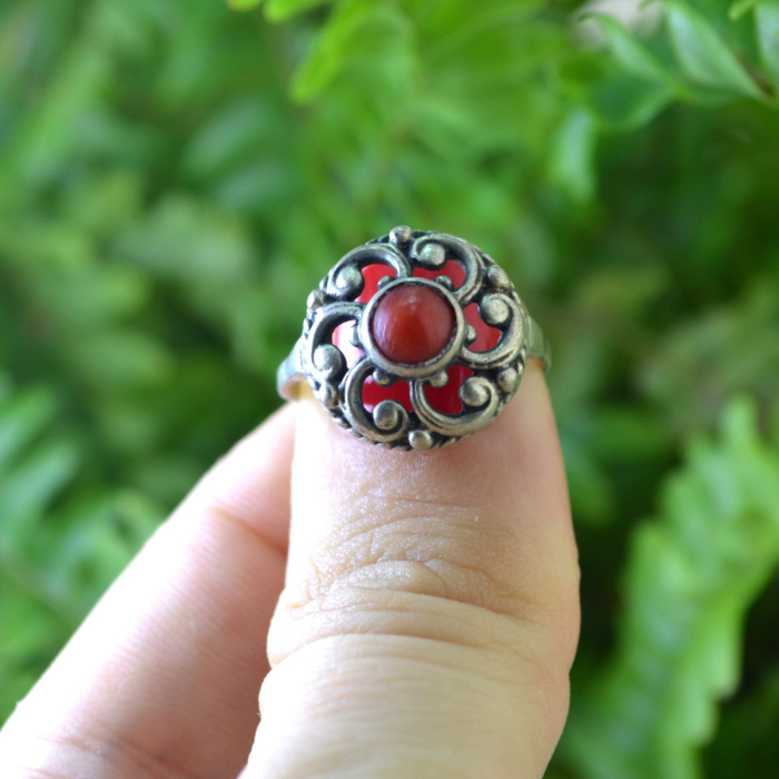 Inel argint antic, coral, Jugendstil [4]