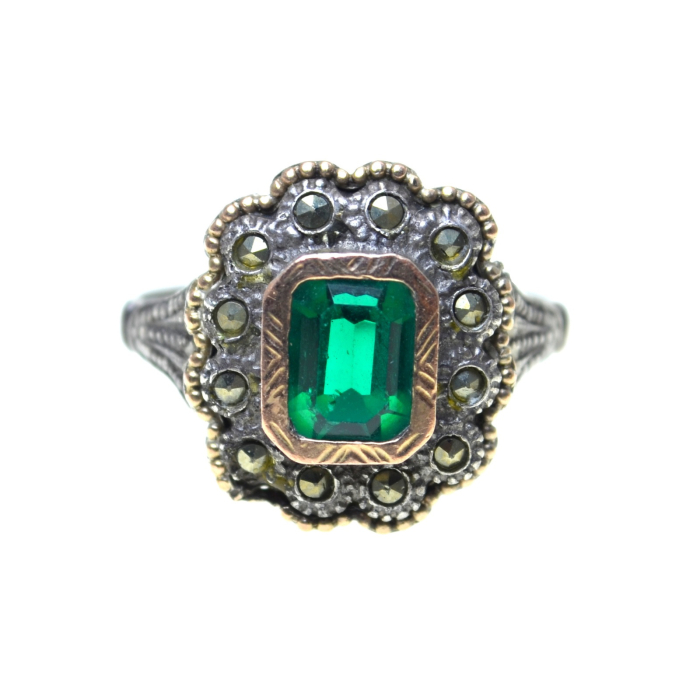 Inel argint antic, elemente aurite, marcasite si Green Crystal Emerald [1]