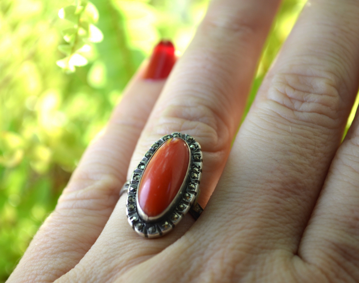 Inel argint Art Deco, coral natural si marcasite [2]