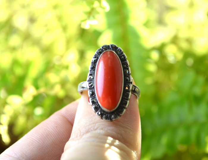 Inel argint Art Deco, coral natural si marcasite [4]