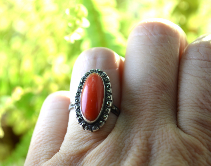 Inel argint Art Deco, coral natural si marcasite [3]