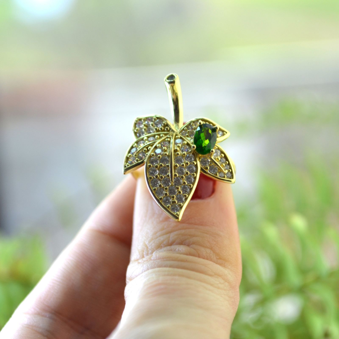 Inel argint aurit Frunza, Chrom Diopside si CZ A Vintage Collection [4]